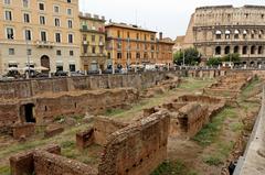 Ludus Magnus gladiator barracks in Rome with Colosseum in background