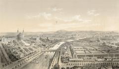 Vintage illustration of the 1878 Exposition Universelle in Paris featuring grand exhibition buildings and crowds