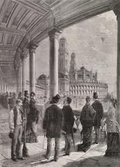 Side view of Trocadéro Palace exterior gallery with central rotunda and minaret-like towers