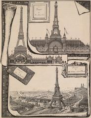Three architectural proposals from 1886 for integrating Eiffel's Tower into the exhibition galleries, showing different placements and structures surrounding the tower