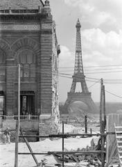 Construction work in the foreground with the Eiffel Tower in the background in Paris, 1937
