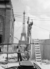 Construction work in Paris with the Eiffel Tower in the background in 1937