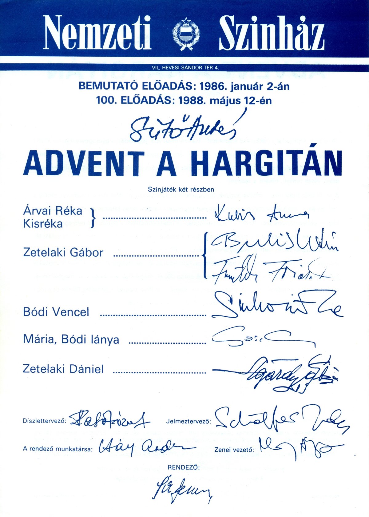 Poster for Nemzeti Színház's 100th performance of Sütő András' Advent a Hargitán directed by Sík Ferenc
