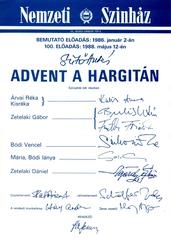 Poster for Nemzeti Színház's 100th performance of Sütő András' Advent a Hargitán directed by Sík Ferenc