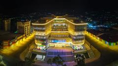 Aerial view of the National Library of El Salvador (BINAES) at night