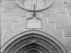 Detailed view of the West Portal of Västerås Cathedral showing intricate architectural elements