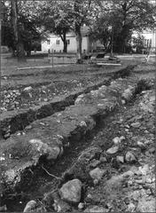 Medieval churchyard wall south of Västerås Cathedral exposed during street construction
