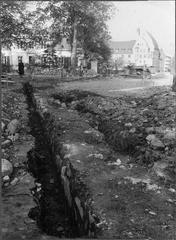 Medieval churchyard wall south of Västerås Cathedral uncovered during street construction