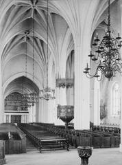 Interior view of Västerås Cathedral focusing on the pulpit