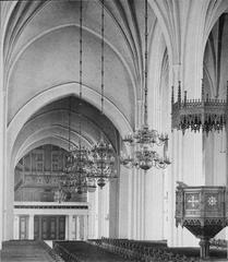 Interior view of Västerås Cathedral showing the pulpit