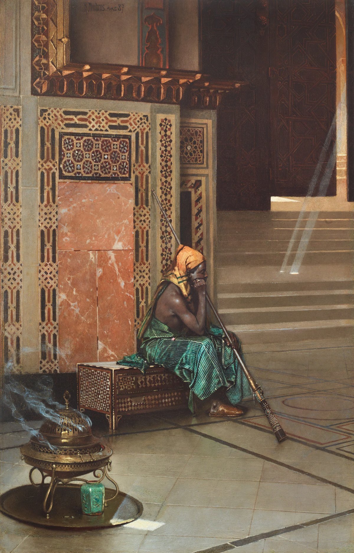 Interior view of Mosque of Sultan Qalawun with people awaiting prayer, oil painting by Raphael von Ambros, 1887