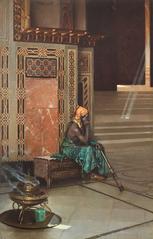 Interior view of Mosque of Sultan Qalawun with people awaiting prayer, oil painting by Raphael von Ambros, 1887