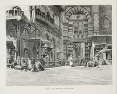 Old wooden door of the Moristan in Kala'oon with people selling goods and sitting nearby