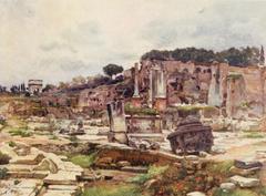 A panoramic view of the Roman Forum in Rome from the Arch of Septimius Severus