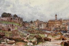 Detailed painting of the Roman Forum looking towards the Capitol Hill by Alberto Pisa in 1905
