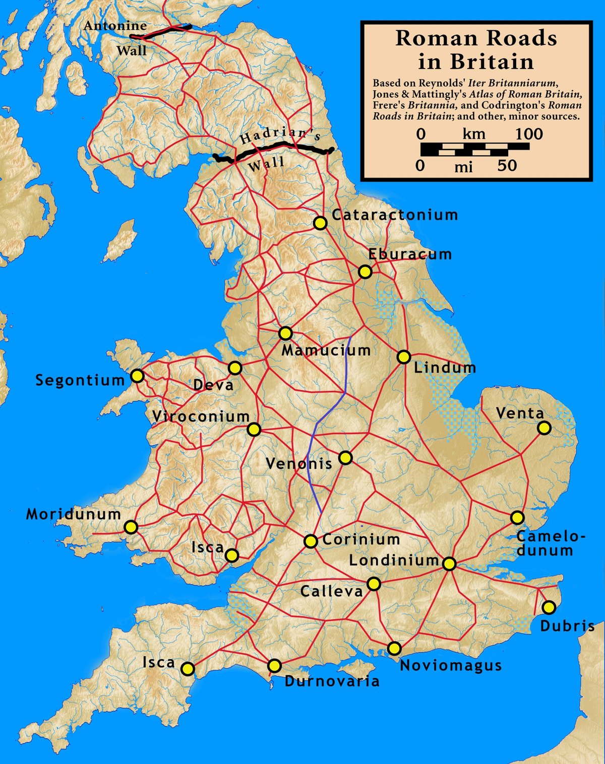Route of Icknield Street in Roman Britain marked by an indigo line on a historical map