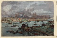 Historical engraving of St. Louis Missouri from elevated view in Illinois showing factories and grain elevator