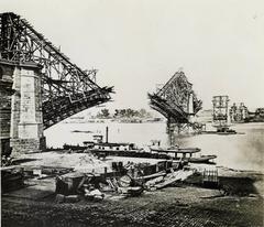 Eads Bridge construction with west and center arches being erected, view looking northeast, September 1873