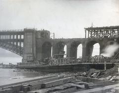Damage to pedestrian and rail decks on St. Louis end of Eads Bridge after the tornado of 27 May 1896