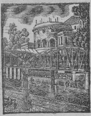 Woodcut print of Rotonde de La Villette, architectural structure with detailed lines