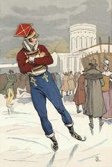 Soldier in lancer uniform skating on the reservoir at La Villette park near Paris