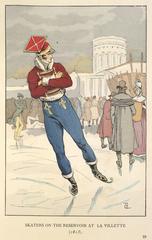 Skaters on the frozen reservoir at La Villette, featuring a man in a red and blue lancer uniform skating