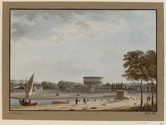 Historic drawing of the Barrière Saint-Martin toll barriers in 19th century Paris with round buildings and sailing boats