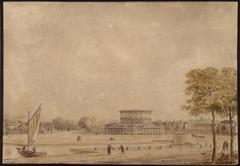 Colorful aquatint print of Barrière de la Villette showing a rotunda with four sides, each with a projecting portico and eight square Tuscan pilasters, above a gallery with twenty arches supported by forty columns, with figures and a sailboat, early 19th century Paris urban landscape