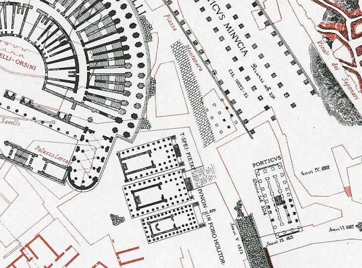 Historical Forum Holitorium in Rome with ancient ruins and columns