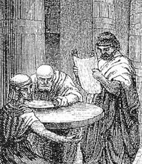 Artistic rendering of the Library of Alexandria showing ancient architectural design with columns and crowds of people