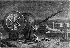 Woodcut illustration of ancient astronomer Hipparchus observing the sky from Alexandria with a telescope
