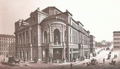 Historical black and white image of Wien Stadttheater in the 1st district, built in 1871-1872 by Ferdinand Fellner the Elder and Younger, showing the theater facade before the 1884 fire