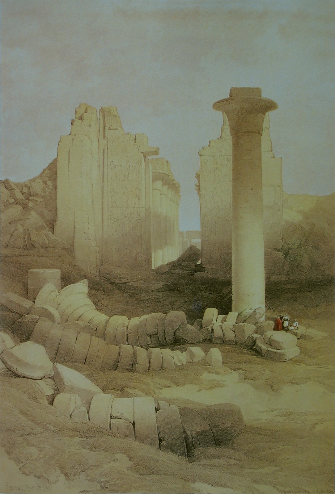 The Dromos or first court of the Temple of Karnak with ancient columns and ruins