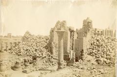 Collapsed second pylon in the first courtyard of Karnak Temple Complex with Great Hypostyle Hall and surviving column of Taharqa kiosk