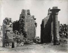 Central axial view through second pylon and Great Hypostyle Hall at Karnak Temple, with Taharqa's remaining kiosk column and Thutmose I obelisk