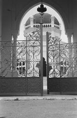 Historic black and white photo of the Great Mosque of Medan in Belawan, Indonesia, taken in 1948