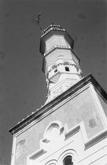Historical black and white photograph of the Sultan Mosque minaret in Medan, one of Indonesia's most beautiful cities, taken in March 1949