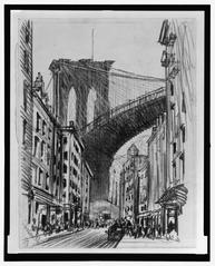 Charcoal drawing of tenement buildings under Brooklyn Bridge on textured cream paper