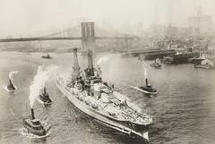 USS Pennsylvania battleship with tugboats near Brooklyn Bridge in New York City