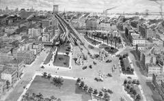 Black and white photo of Brooklyn Plaza near Manhattan Bridge