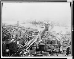 Brooklyn and Manhattan bridges with visible Fletcher's Castoria advertising in Two Bridges Area