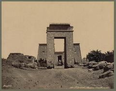 Historic view of Karnak Avenue des Béliers with ancient Egyptian obelisks and structures