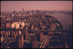 Manhattan skyline and East River with urban and industrial transportation scene in New York