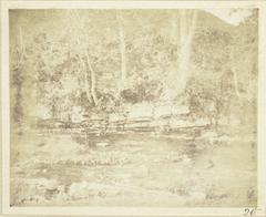 Salted paper print of a mountain rivulet flowing at the foot of Doune Castle