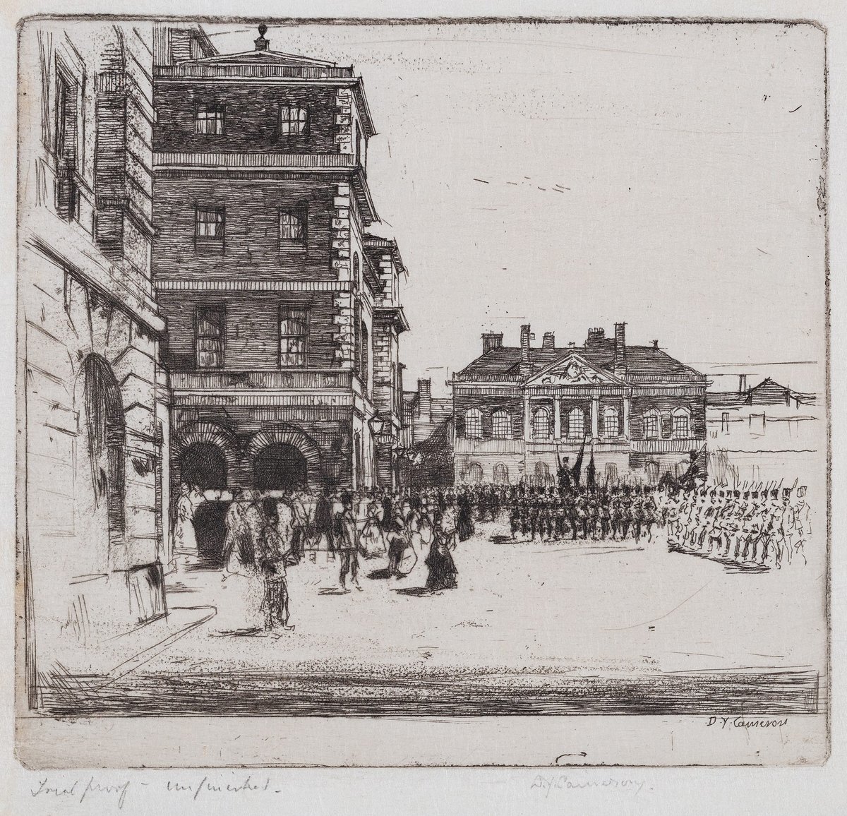 Etching artwork of Horse Guards in St James’s Park by David Young Cameron