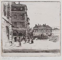 Etching artwork of Horse Guards in St James’s Park by David Young Cameron