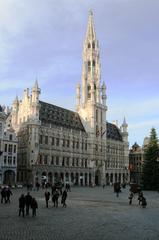 Brussels town hall illuminated at night on Grand Place, Belgium