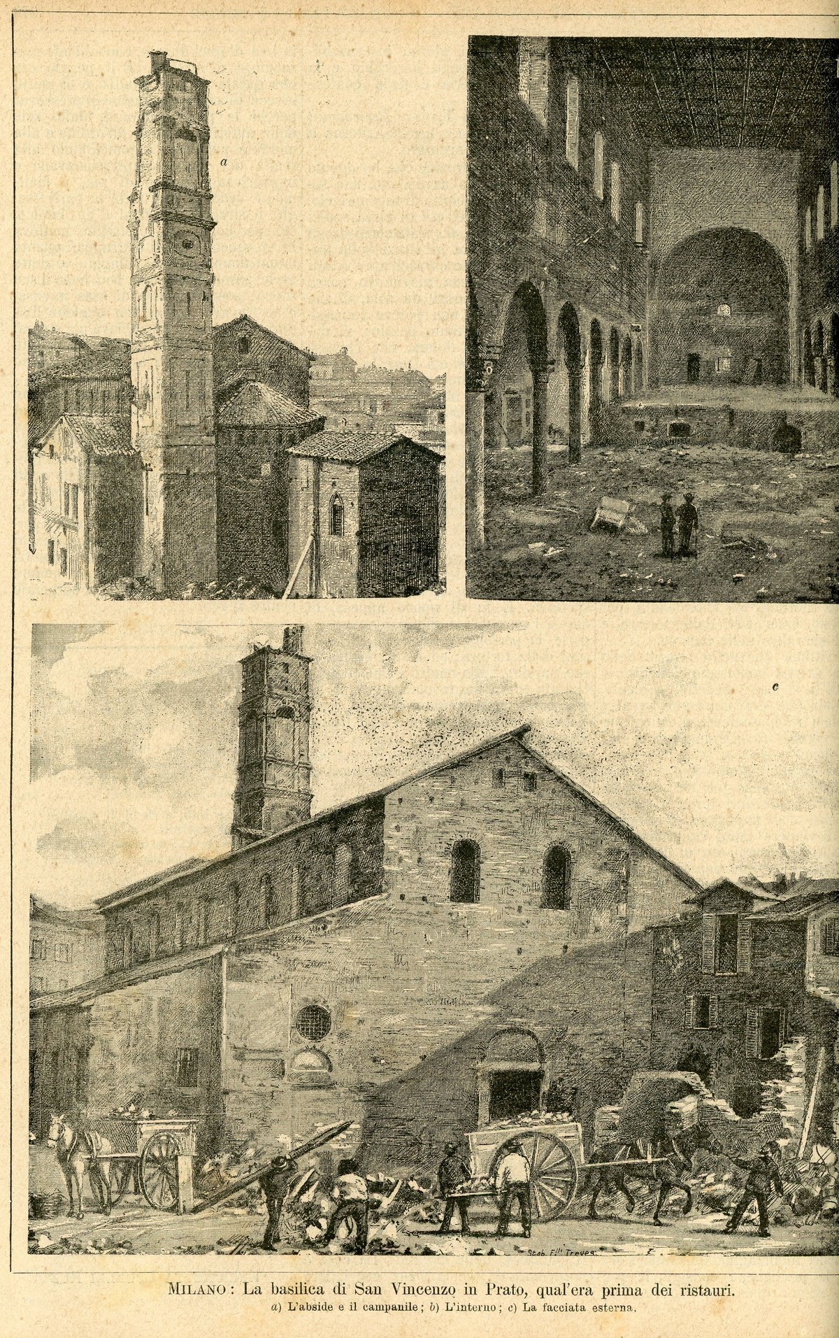 The Basilica of San Vincenzo in Prato in Milan before restoration showing the apse and bell tower, interior, and exterior facade