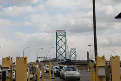 Cars approaching primary entry lanes to the U.S. at Ambassador Bridge in Detroit Michigan