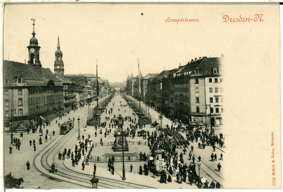 Historic Hauptstraße in Dresden with Dreikönigskirche and Goldener Reiter statue in 1899